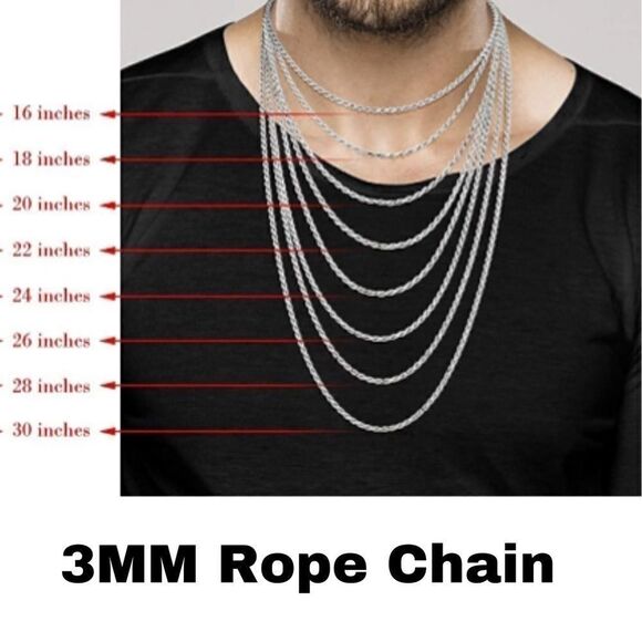 Mens Solid 925 Long Sterling Silver Rope Necklace - Picture 1 of 7